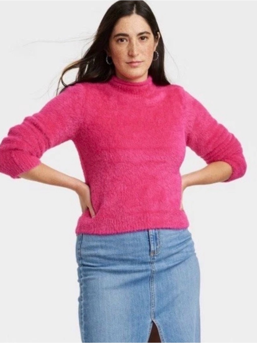 Universal Thread Women’s Pullover Sweater Fuzzy Pink Mock Neck Eyelash Knit XL